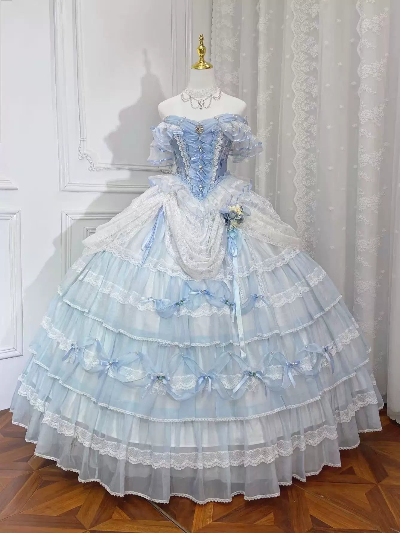 Deposit cut-off fog blue poetry collection Lu Kemi original design long skirt bridal dress Lolita